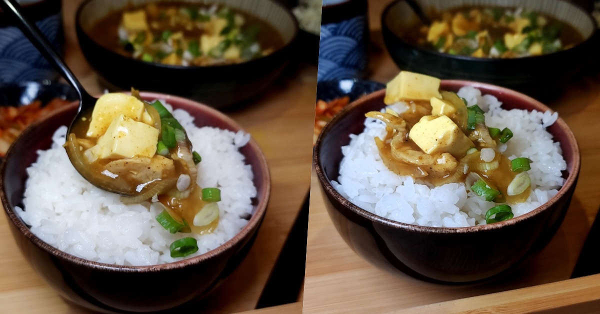 貳哩肥┃興南夜市美食。椒麻辣咖哩飯、和風丼飯都好吃，內用湯可無限續用，白飯可免費續一次